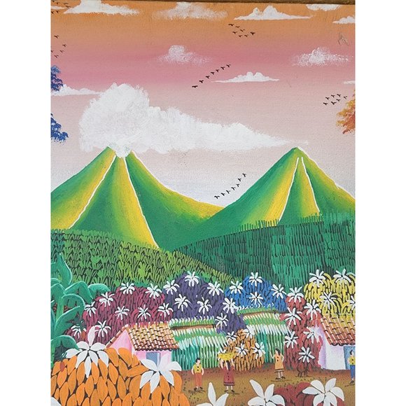 Nicaraguan Country Folk Art Oil Painting on Canvas Signed Flowers Village Life - Picture 3 of 7